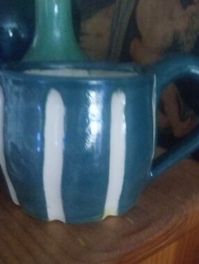 Teal And White Striped Studio Pottery Mug.